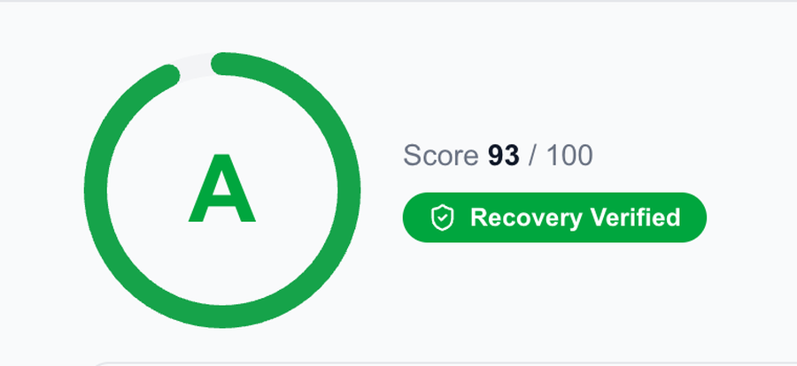 Readiness grade A, score 93 of 100, recovery verified