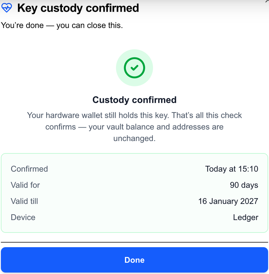 A completed key health check: the device proved it still holds the key