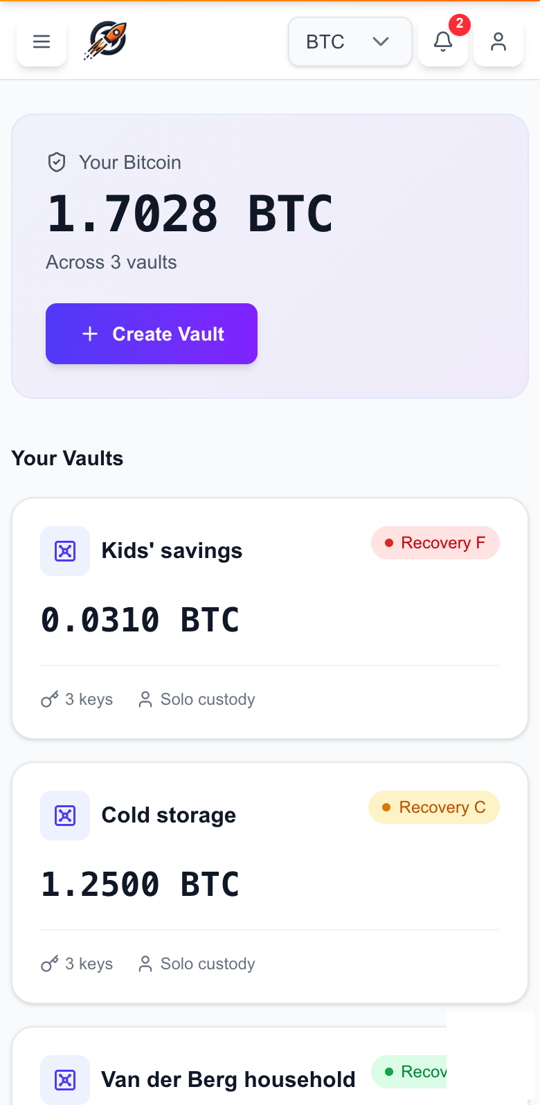 The dashboard on a phone: three vaults with their grades