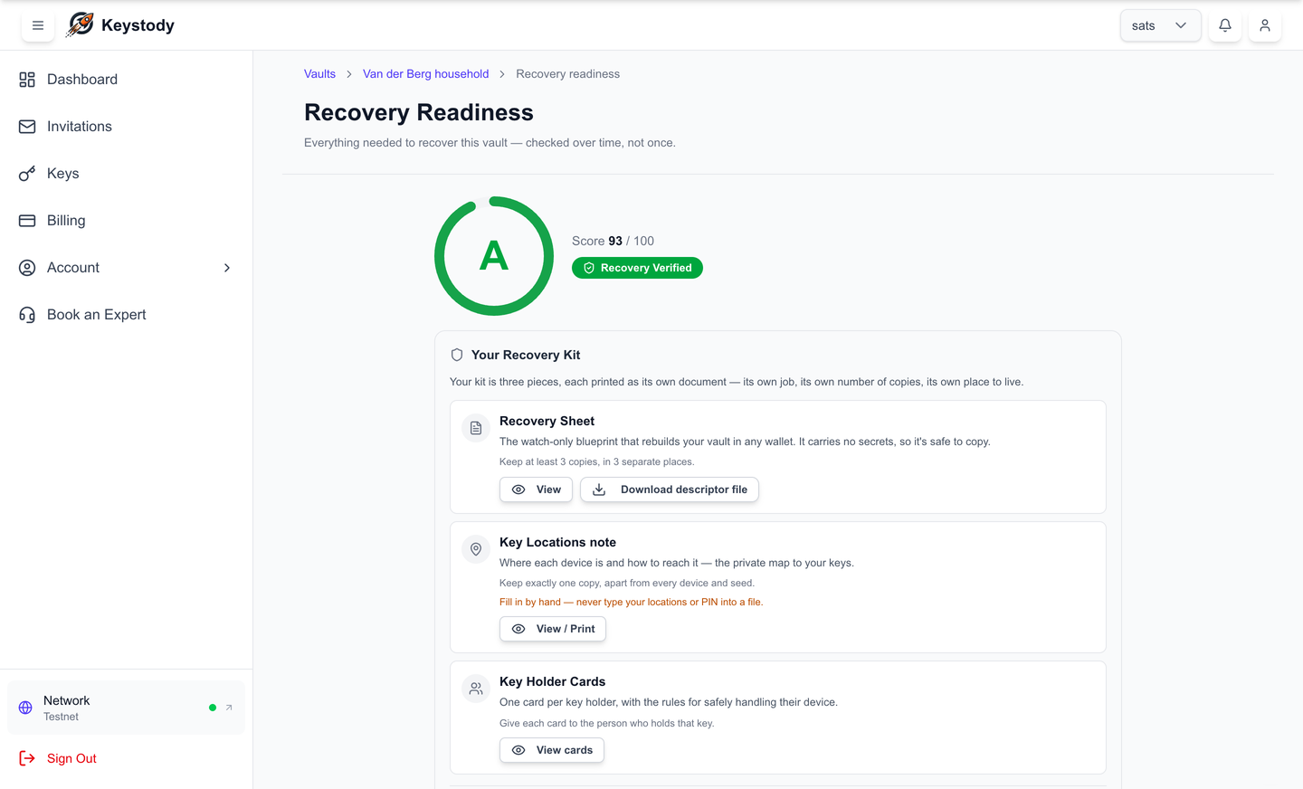 Recovery readiness page with score, grade and recovery kit